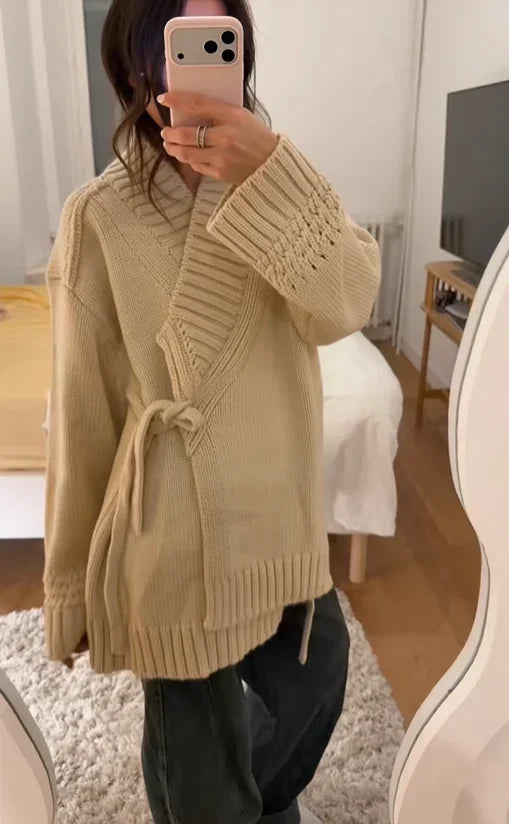 Chic V-neck Knitted Lace-up Women Cardigan Elegant Solid Full Sleeve Loose Cropped Sweater 2026 Lady Commute Office Cardigans