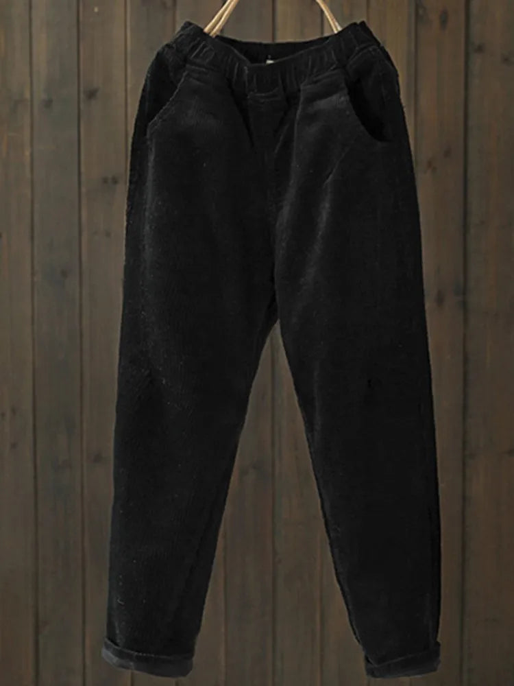 Johnature Corduroy Pants For Women Elastic Waist Solid Color Trouser 2025 Spring New  Women Cloths Pockets Casual Pants