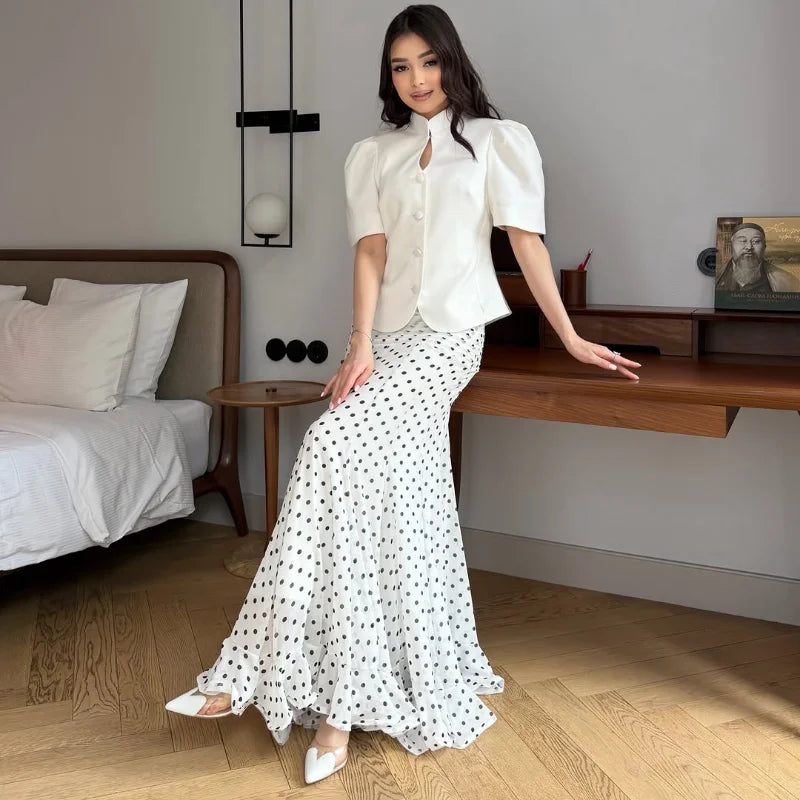 Women Polka Dot Print High Waist Maxi Skirt Elegant Ruched Mermaid Long Skirts 2026 Summer Casual Vacation Fashion  Outwear