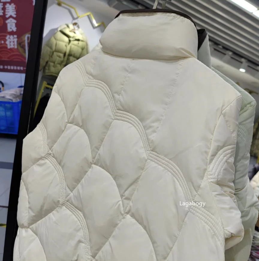 Lagabogy 2025 Mid-Long Puffer Jacket Winter Women Simple White Duck Down Coat Stand Collar Parka Female Single Breasted Outwear