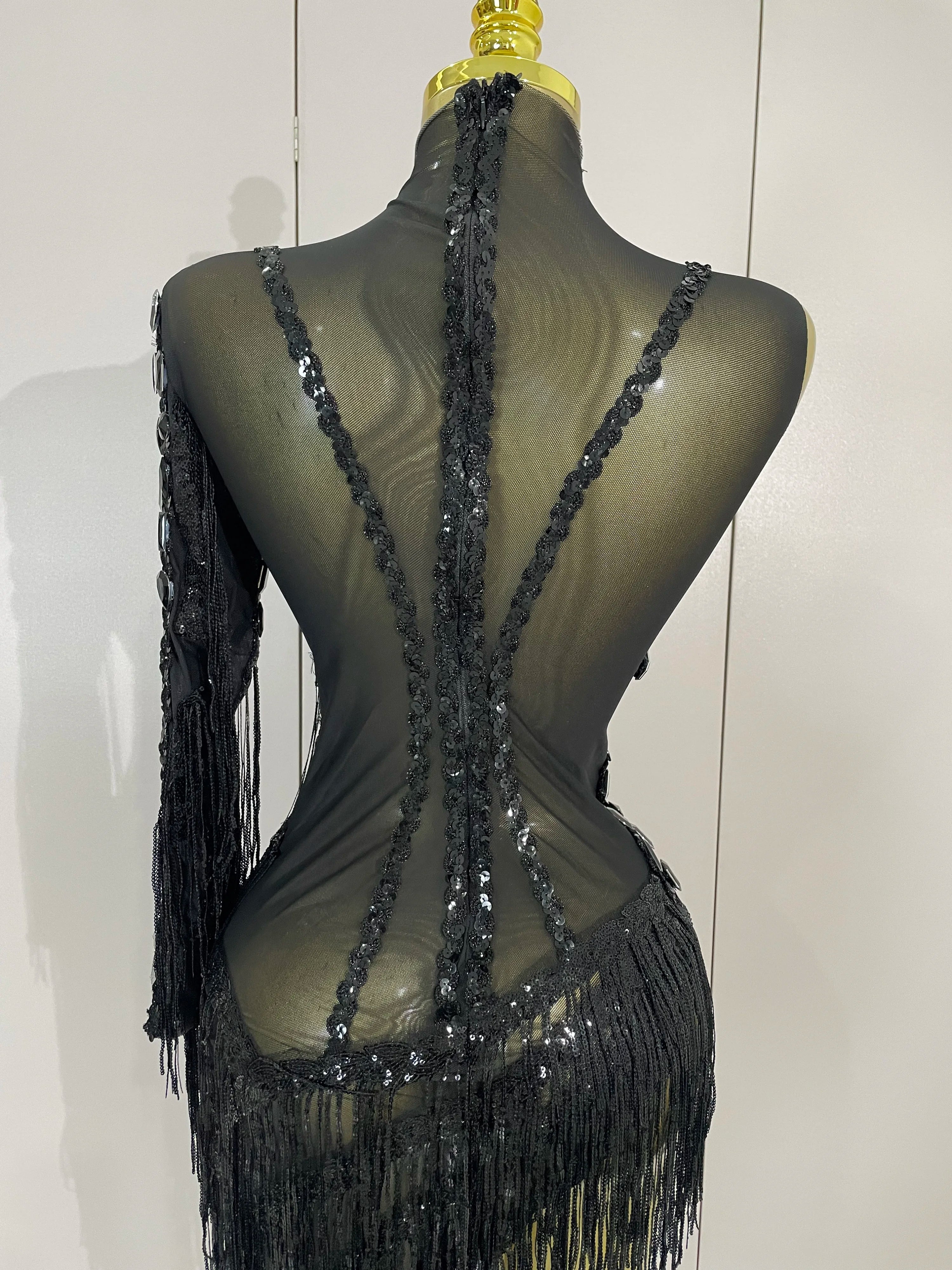 STOCK Sparkly Rhinestones Tassel Sexy See-Through Dress Women One Shoulder Latin Dance Outfits Bar Nightclub Party Stage Costume