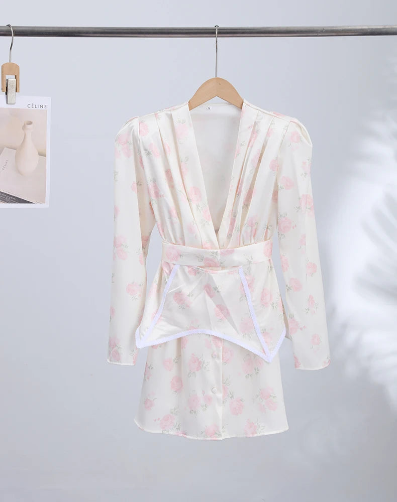 Print Women Dress Deep V Mini Dress Puff Sleeve High Waist Dress Two Piece Outfit With Waistband Elegant Slim Fit Outfit