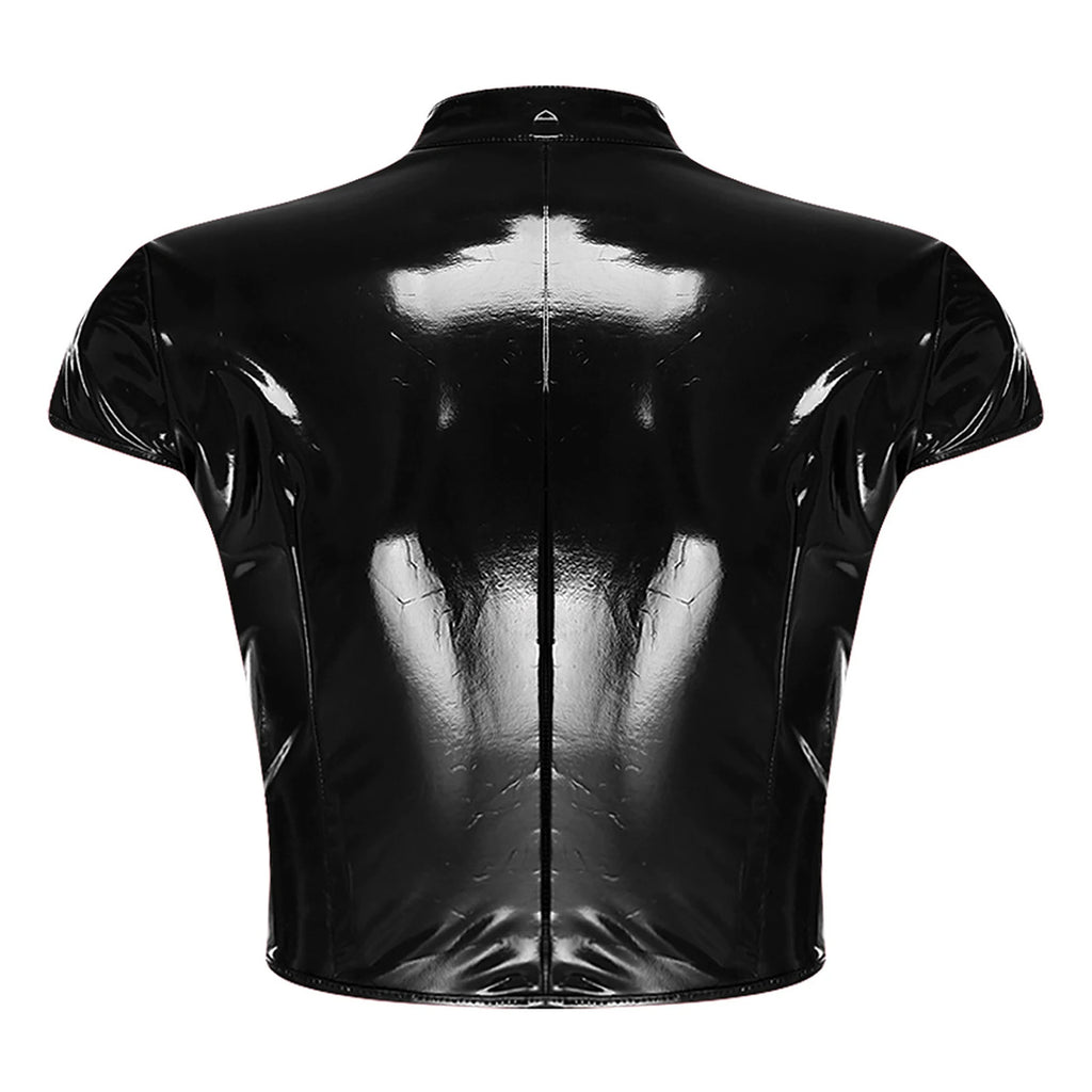 Womens Wet Look PU Leather Latex Crop Top Open Front with Adjustable Buckles Cap Sleeve Crop Corset Glossy Rave Disco Clubwear
