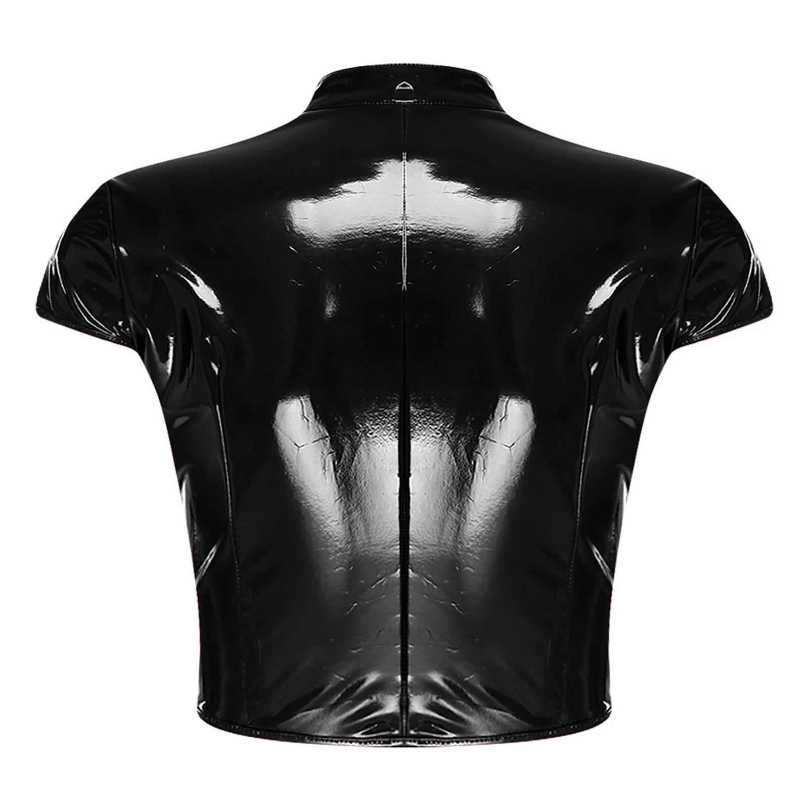 Womens Wet Look PU Leather Latex Crop Top Open Front with Adjustable Buckles Cap Sleeve Crop Corset Glossy Rave Disco Clubwear