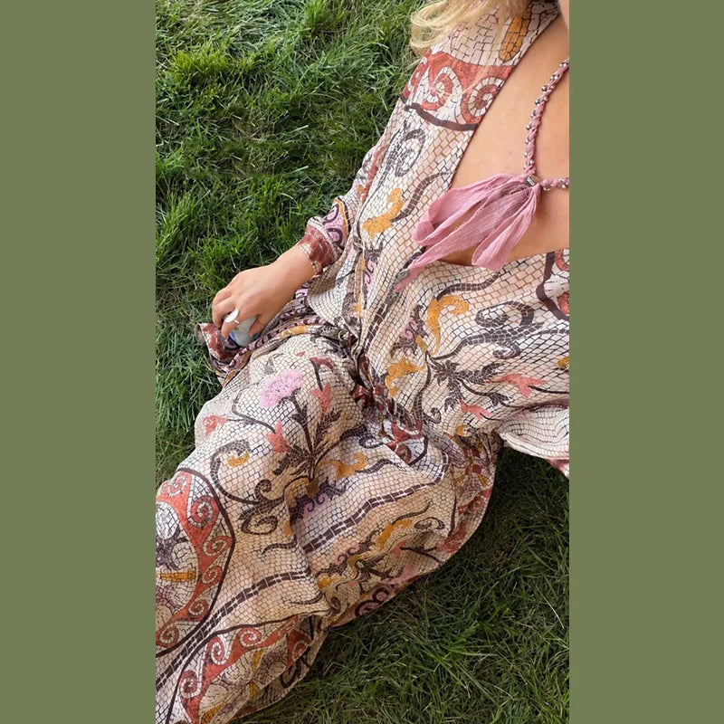 Women V Neck Vintage Vine Print Batwing Sleeve Maxi Dress Drawstring Waist Loose Flare Long Dress Mesh Texture Beach Vacation