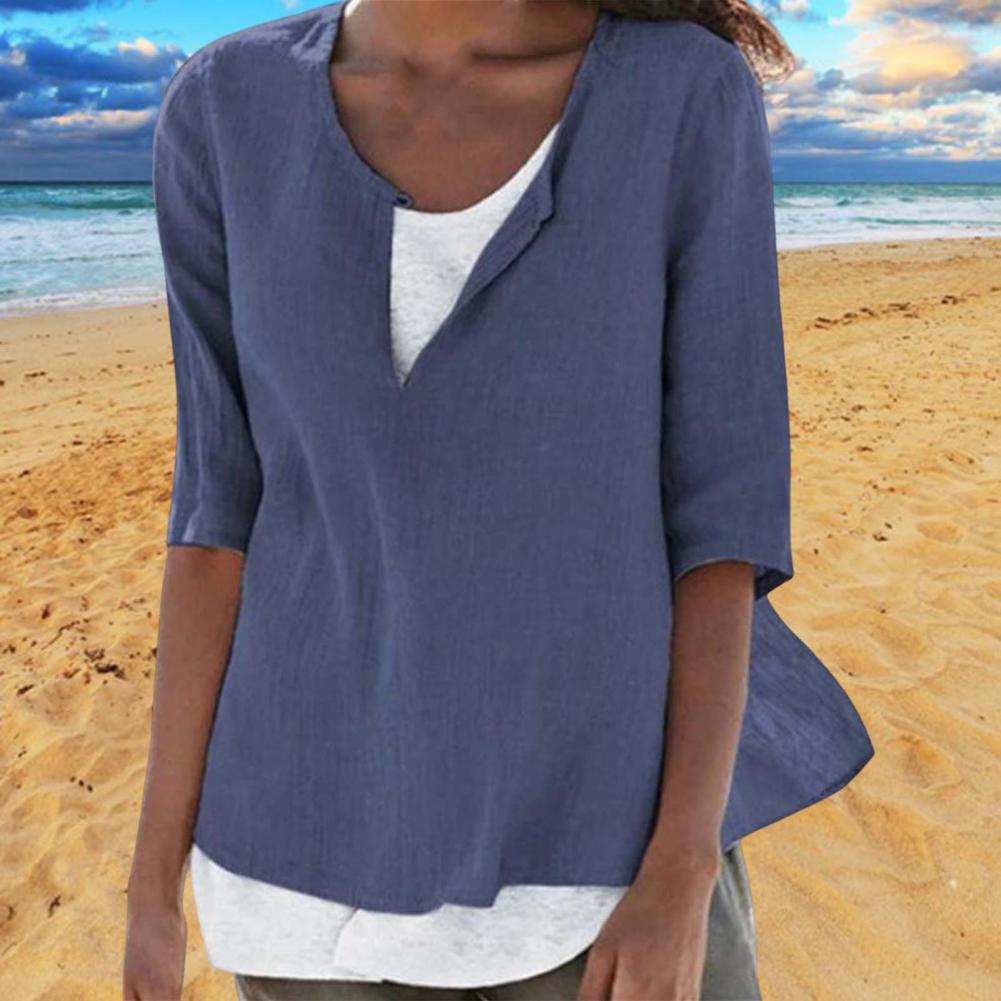Summer Women's Clothes Casual V-neck Short Sleeves Tops Loose Ladies Cotton Linen T Shirts Tee 4XL