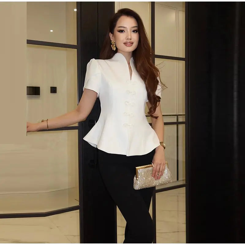 2026 Spring Summer Short Puff Sleeve Frog Button Shirt For Women Stand Collar  Single Breasted Blouse Lady Chic Street Party Top