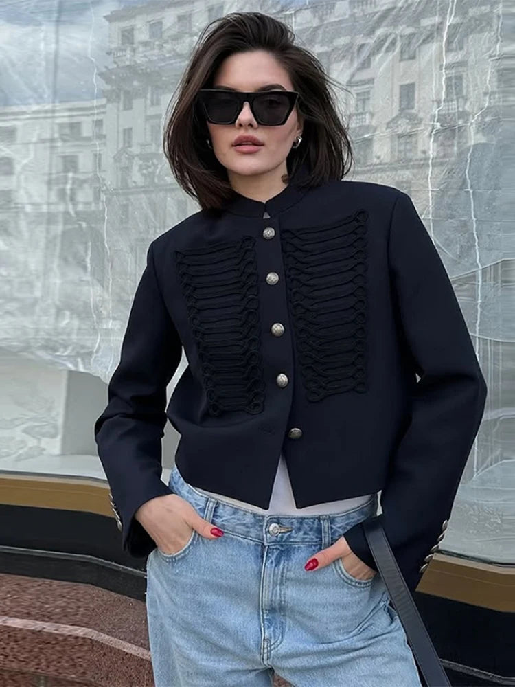 Elegant Long Sleeve Stand Collar Coats 2026 Spring New Retro Military Breasted Jacket For Women Lady High Street Chic Outerwear