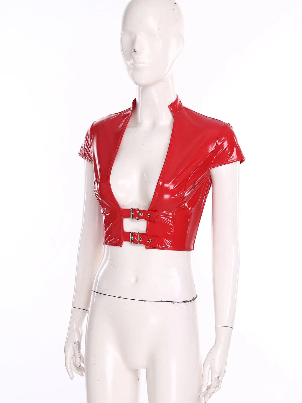 Womens Wet Look PU Leather Latex Crop Top Open Front with Adjustable Buckles Cap Sleeve Crop Corset Glossy Rave Disco Clubwear