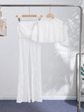 Women Lace Two Piece Set Sheer Top High Neck Blouse Cape Sleeve Cropped High Waist Pants See-Through Flared Trousers Summer Wear