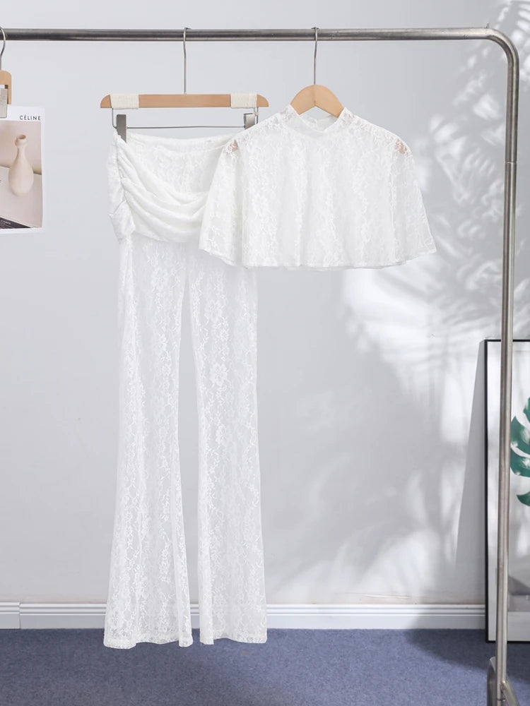 Women Lace Two Piece Set Sheer Top High Neck Blouse Cape Sleeve Cropped High Waist Pants See-Through Flared Trousers Summer Wear
