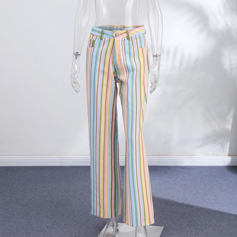 Street Striped Jeans Women's High-Waist Pockets Wide-Leg Trouser 2026 Spring Summer Retro Multicolor Vertical Stripe Denim Pant