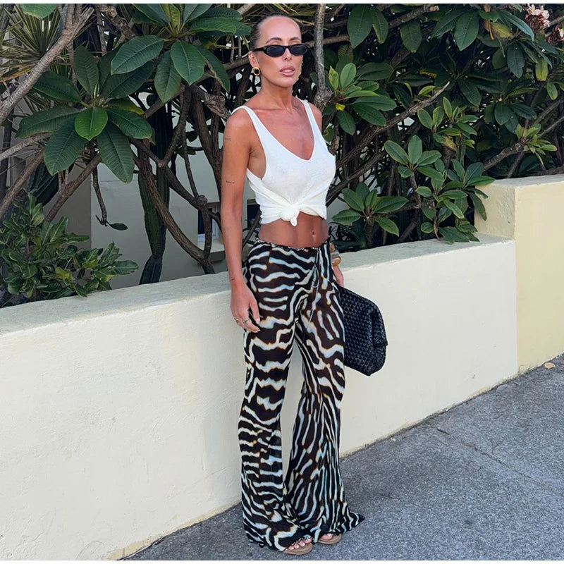 Women's Zebra Print Pants Set Casual V-neck Button Flowy Maxi Slip Top & Wide-leg Pants Lady 2026 Chic Beach Vacation Outfits