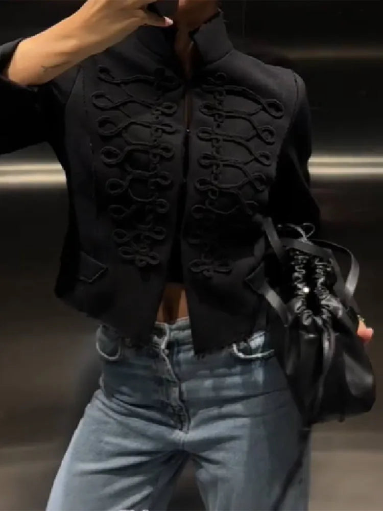 Retro Style Short Solid Jacket For Women Long Sleeve Standing Collar Black Mini Jackets 2026 Fashion Chic Daily Street Outerwear