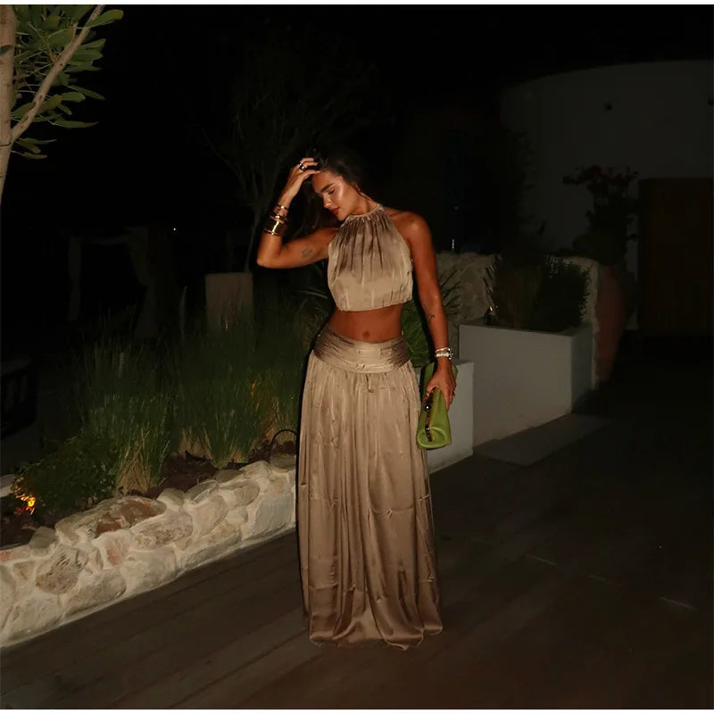 Luxury Women's Maxi Skirts Set Halter Neck Open Back Crop Top High Waist Flowy Long Skirt Elegant Formal Evening Party Outfit