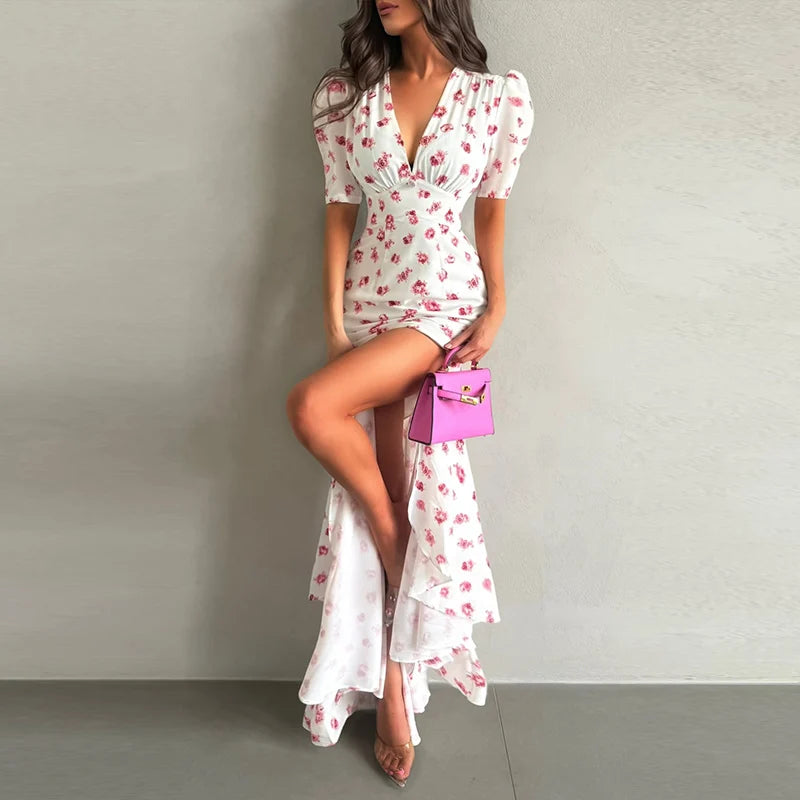 Print Chiffon Long Dress Women V Neck Half Sleeves High Waist Ruffles Belts Split Robe Female 2026 Summer Chic Vacation Dresses