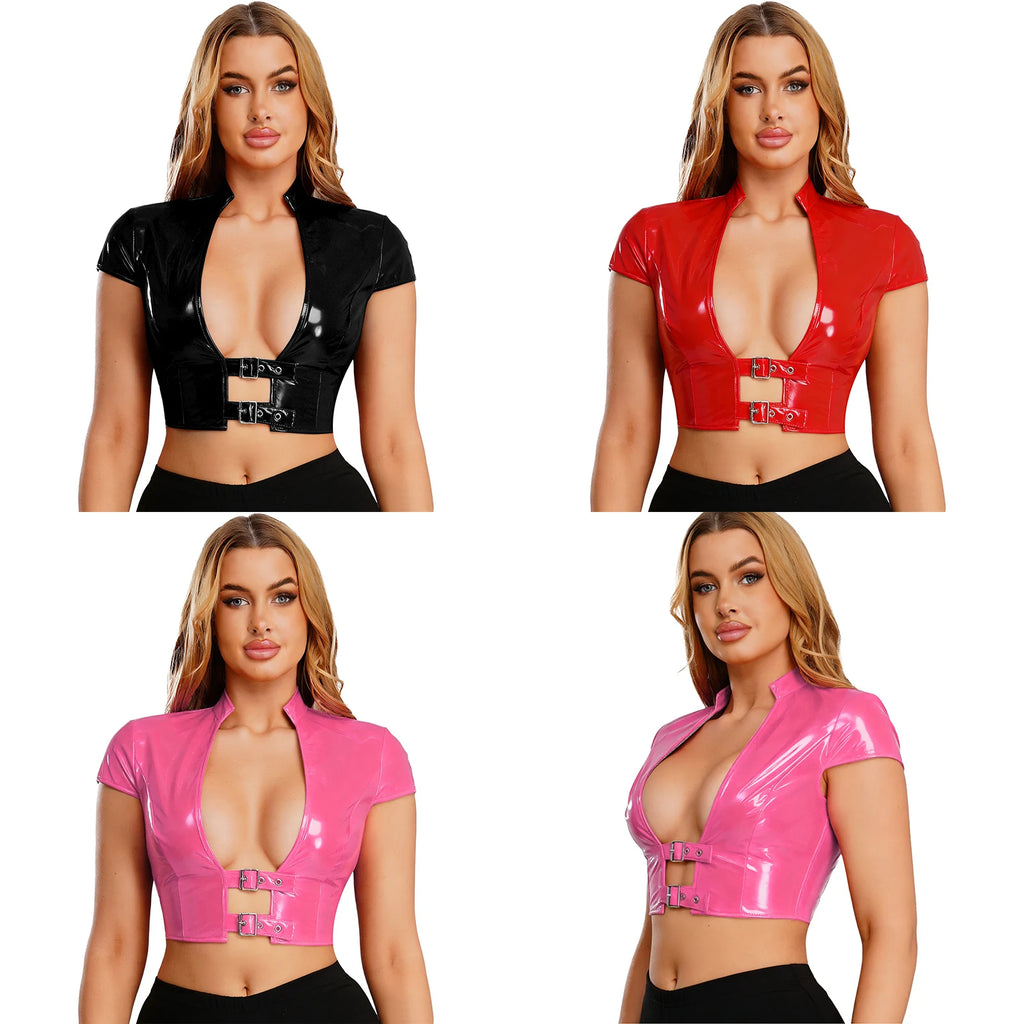 Womens Wet Look PU Leather Latex Crop Top Open Front with Adjustable Buckles Cap Sleeve Crop Corset Glossy Rave Disco Clubwear