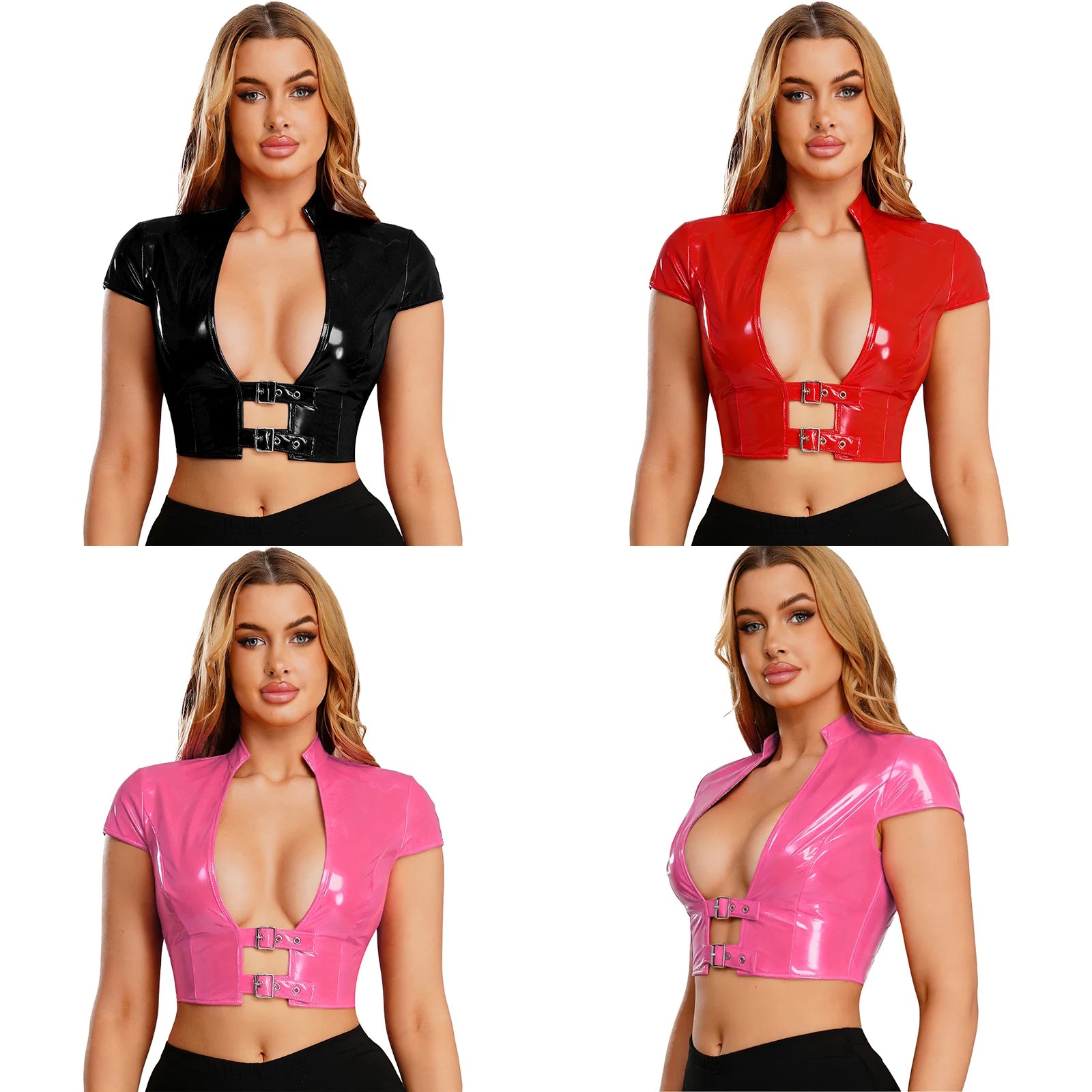 Womens Wet Look PU Leather Latex Crop Top Open Front with Adjustable Buckles Cap Sleeve Crop Corset Glossy Rave Disco Clubwear