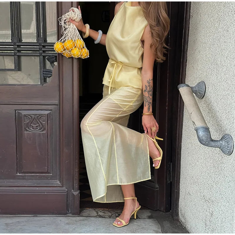 Casual Yellow Top Long Skirts Sets Women Sleeveless Lace Up Tops Straight Slit Skirt 2026 Summer Holiday Street Lady Solid Suits