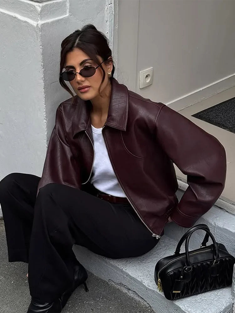 Women's Dark Red Zipper Leather Short Jackets Chic Long Sleeve Lace Up Lapel Loose Button Coat Lady Daily High Street Wear 2025