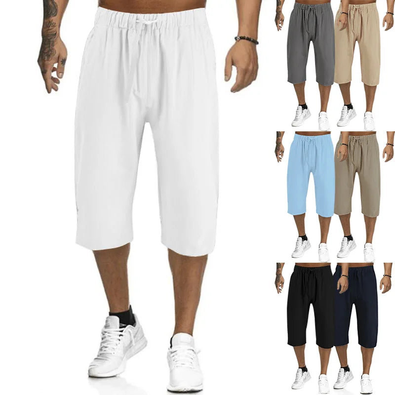 2024Summer Muscle Men's New Loose Solid Color Breathable Casual Sports Business High Street Fashionable Cropped Pants