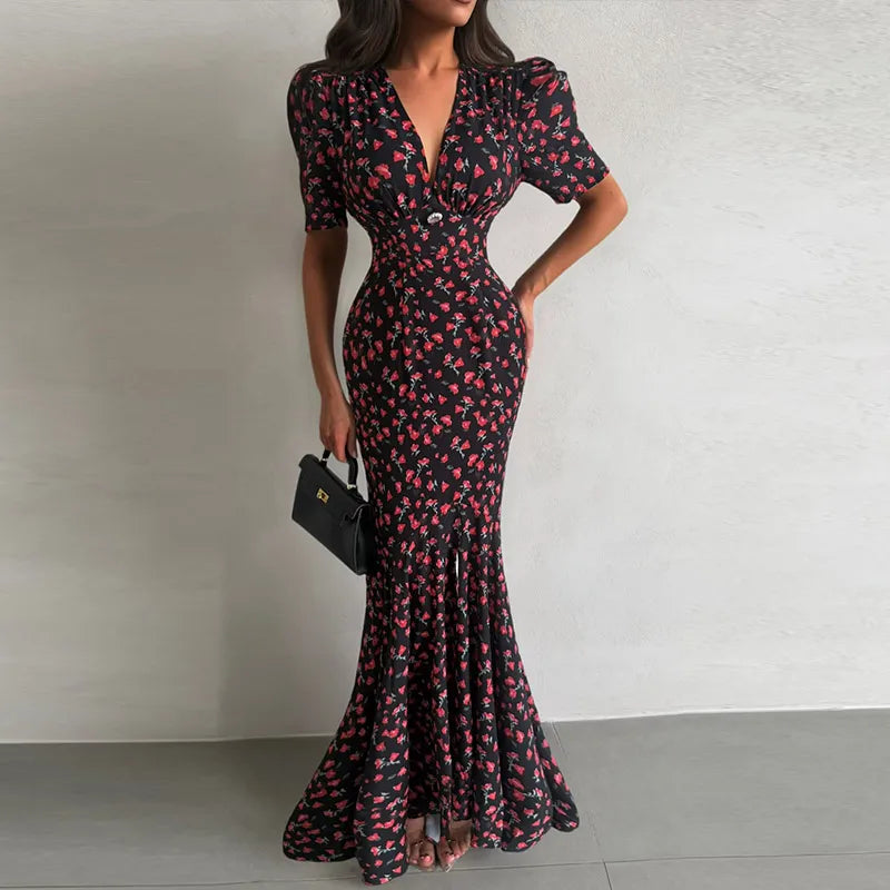 Print Chiffon Long Dress Women V Neck Half Sleeves High Waist Ruffles Belts Split Robe Female 2026 Summer Chic Vacation Dresses