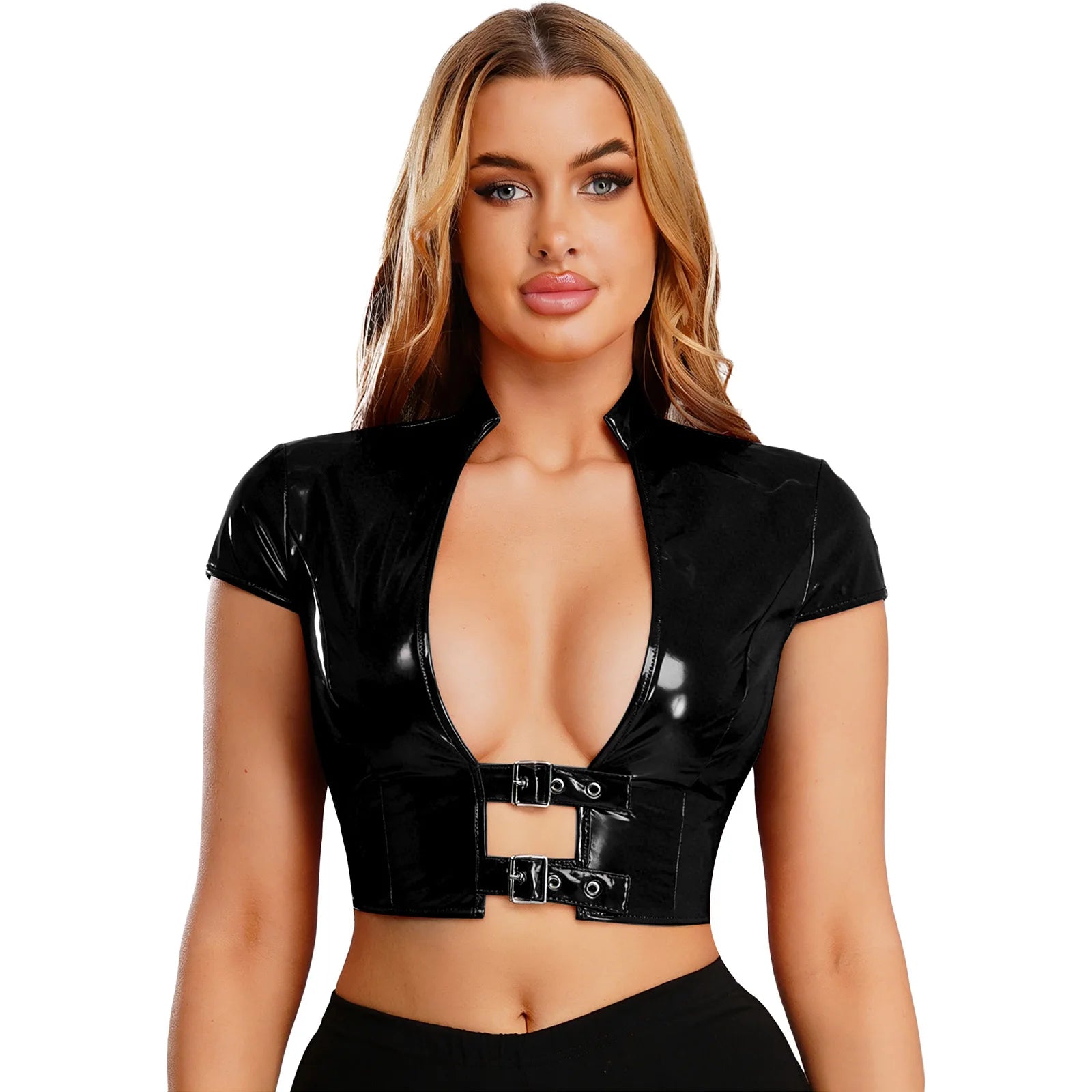 Womens Wet Look PU Leather Latex Crop Top Open Front with Adjustable Buckles Cap Sleeve Crop Corset Glossy Rave Disco Clubwear