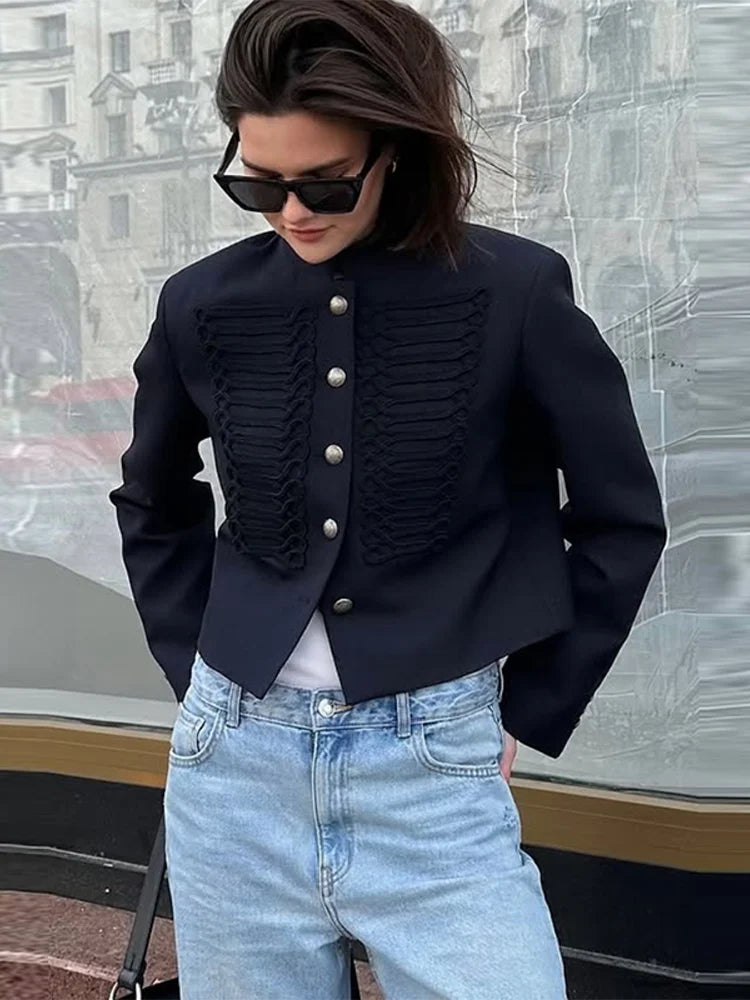 Elegant Long Sleeve Stand Collar Coats 2026 Spring New Retro Military Breasted Jacket For Women Lady High Street Chic Outerwear