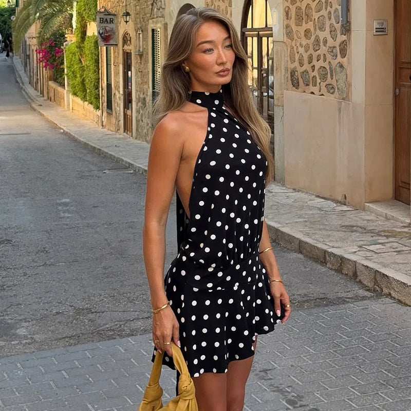 Hugcitar Polka Dot Print Halter Sleeveless Backless Bandage Sexy Slim Mini Dress Summer Women Fashion Outfit Party Vacation