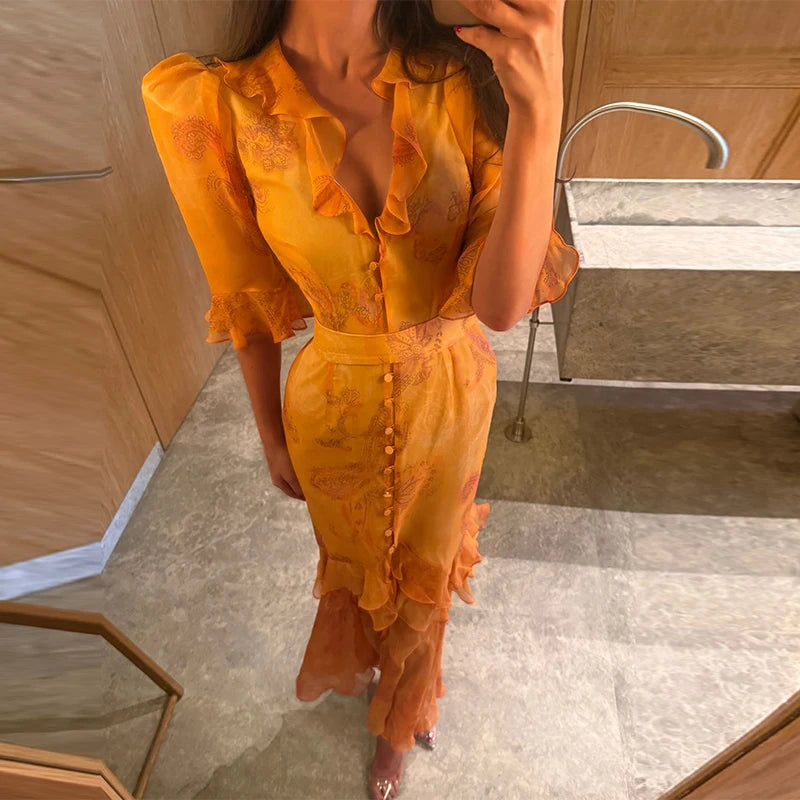 Print Chiffon Long Dress Women V Neck Half Sleeves High Waist Ruffles Belts Split Robe Female 2026 Summer Chic Vacation Dresses