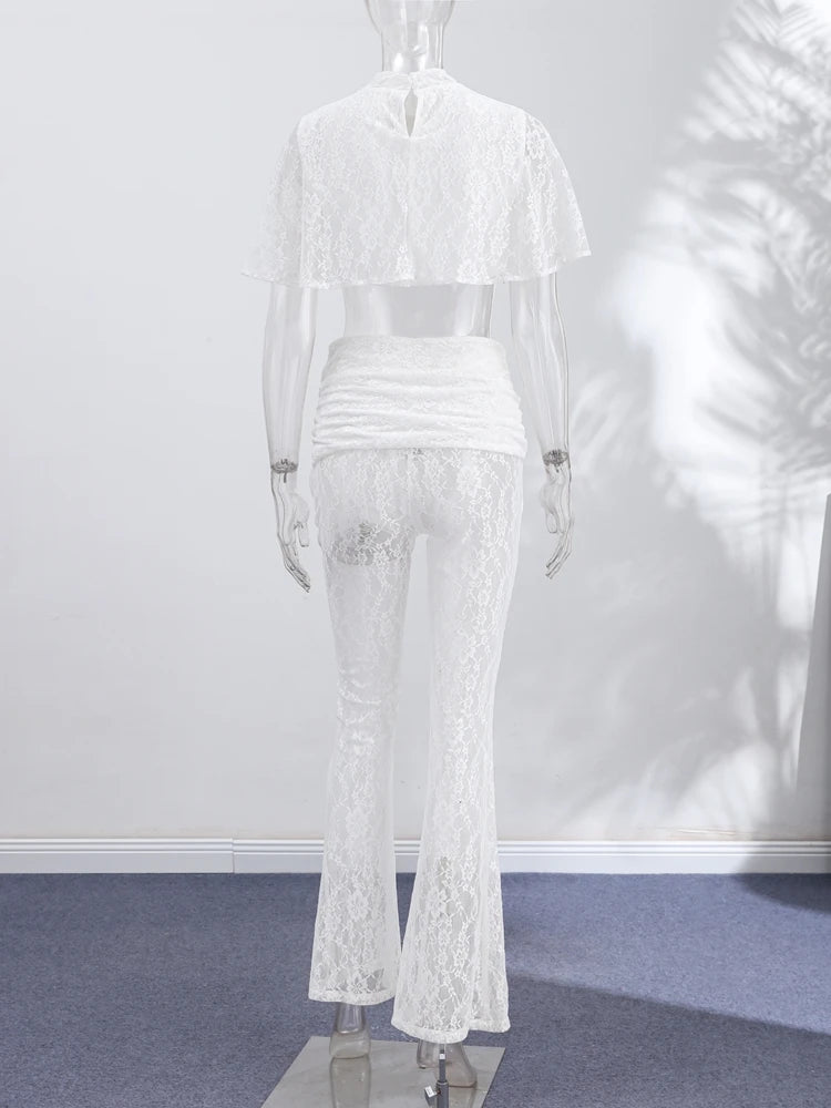Women Lace Two Piece Set Sheer Top High Neck Blouse Cape Sleeve Cropped High Waist Pants See-Through Flared Trousers Summer Wear