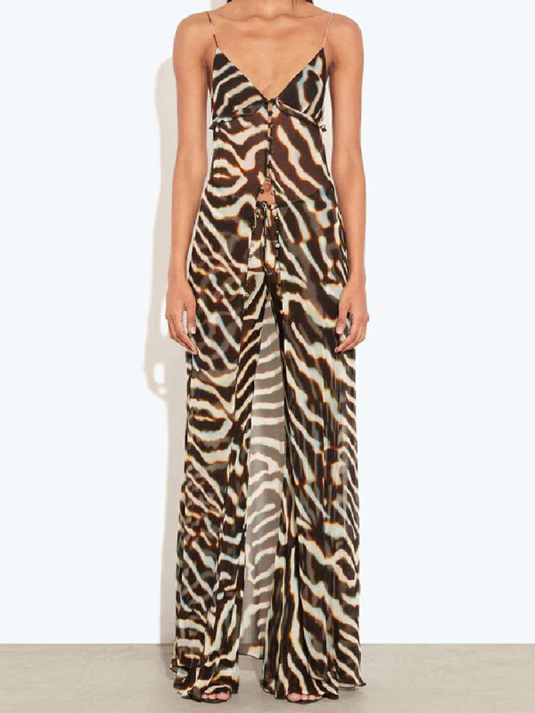 Casual Zebra Print Spaghetti Strap Maxi Top Versatile Long Leg Jeans Women Sheer Button Down Split Hem Daily Date Street Wear
