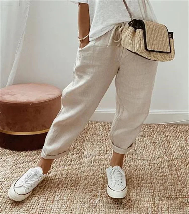 Women Blend Wide Leg Harem Pants Summer Fashion Elastic Waist Pocket Solid Ankle Trousers S-5XL Oversized LRFZ-911
