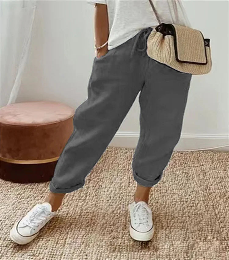 Women Blend Wide Leg Harem Pants Summer Fashion Elastic Waist Pocket Solid Ankle Trousers S-5XL Oversized LRFZ-911