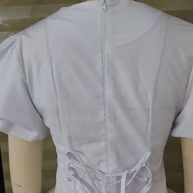 Women Round Neck Puff Sleeve Blouse Solid Lace Trim Asymmetrical Hem Slim Fit Shirt 2026 Spring Summer Chic Elegant Casual Top