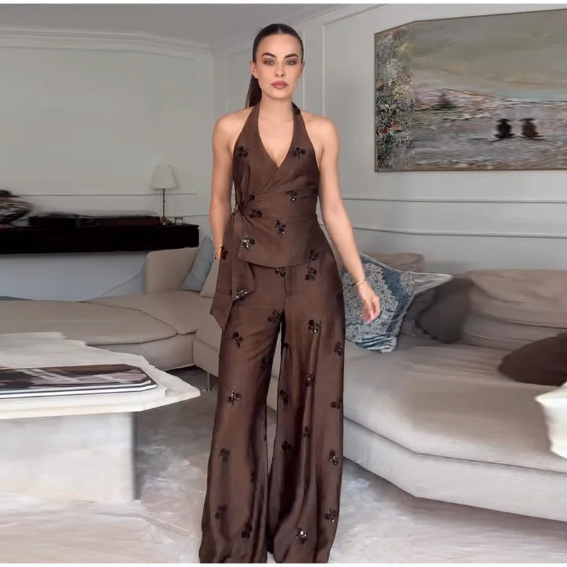 Sequin Embroidered Halter V-Neck Wrap Top & Wide Leg Pants Set 2026 Summer Chic Elegant Women Vocation Casual Two Piece Outfit