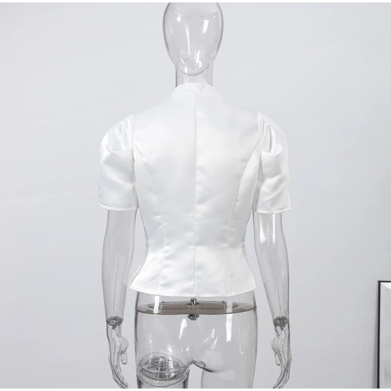 2026 Spring Summer Short Puff Sleeve Frog Button Shirt For Women Stand Collar  Single Breasted Blouse Lady Chic Street Party Top