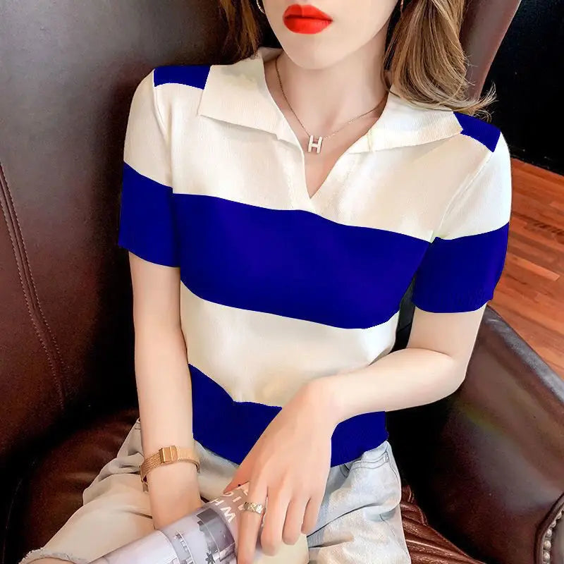 Female Polo Neck Tee Shirts Luxury Short Sleeve Fitted T Shirt High Quality Pullover Good Xxl Top Original Knitted Y2k Striped