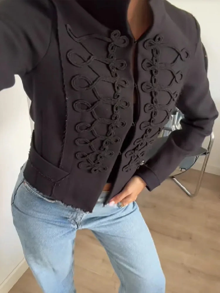 Retro Style Short Solid Jacket For Women Long Sleeve Standing Collar Black Mini Jackets 2026 Fashion Chic Daily Street Outerwear