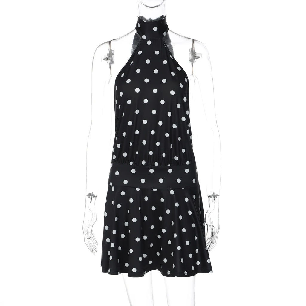 Hugcitar Polka Dot Print Halter Sleeveless Backless Bandage Sexy Slim Mini Dress Summer Women Fashion Outfit Party Vacation