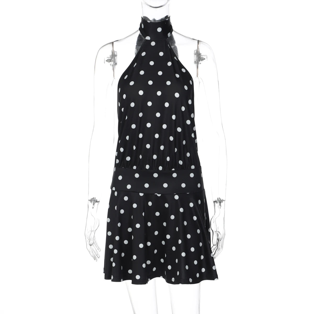 Hugcitar Polka Dot Print Halter Sleeveless Backless Bandage Sexy Slim Mini Dress Summer Women Fashion Outfit Party Vacation