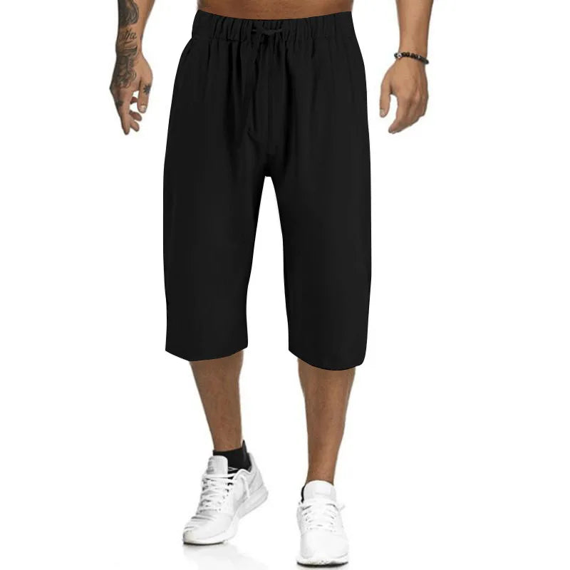 2024Summer Muscle Men's New Loose Solid Color Breathable Casual Sports Business High Street Fashionable Cropped Pants