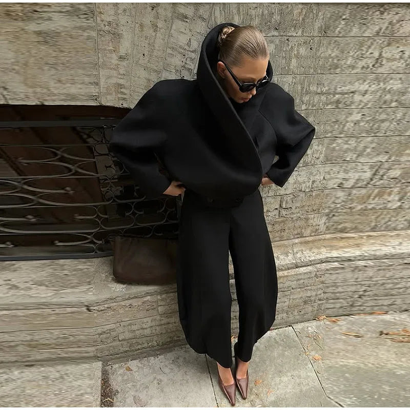 Black Stand Collar Woolen Coats Women's High Street Buttons Full Sleeve Short Overcoats 2026 Spring New Female Solid Outwear