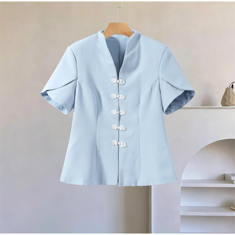2026 Spring Summer Short Puff Sleeve Frog Button Shirt For Women Stand Collar  Single Breasted Blouse Lady Chic Street Party Top