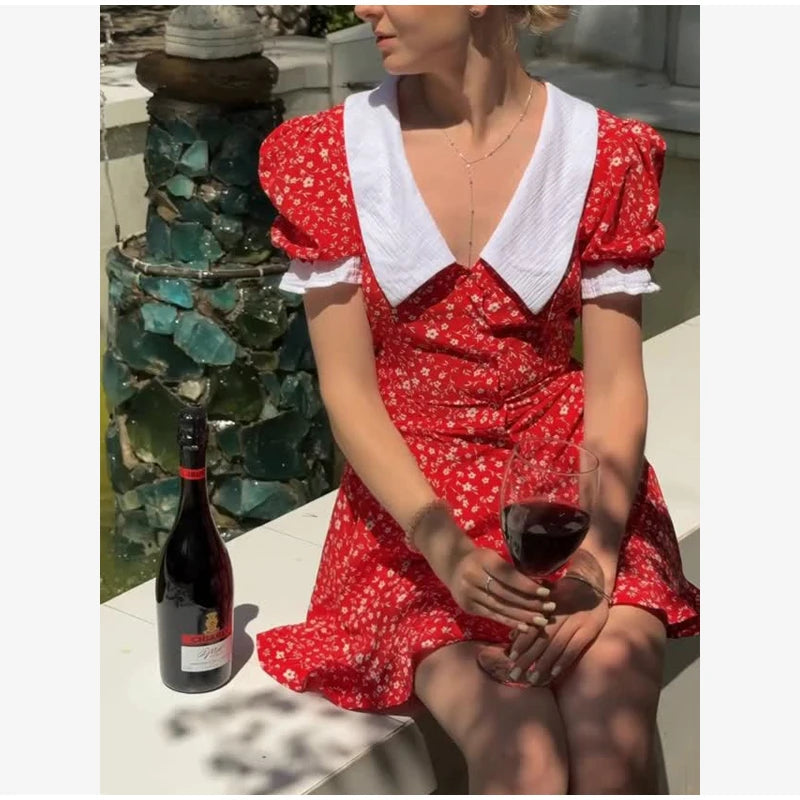 Women Red Floral Printed Mini Dress V-neck Short Sleeved Puff Sleeve Waist Trim Ruffle Slit Hem Dresses 2026 Summer Party Gown