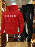 Men's Olive Green Casual Cargo Sweatshirt And Jogger Set with EMPORIO Print Drawstring Hood Pullover Top And Multi-Pocket