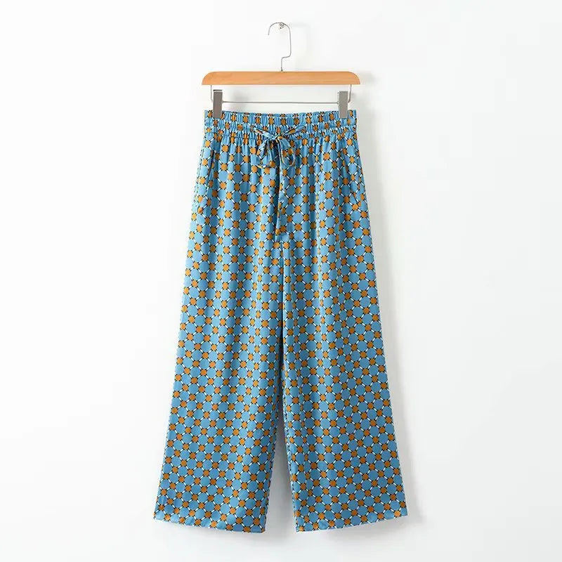 KADUWAKI Spring Summer Women's Set Sunc Loose Blue Printed Kimono Jacket Feather Sleeves Wide Leg Pants 2 Piece Vintage Clothing