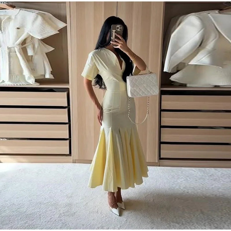 Women Fashion Solid Dress V-neck Ruffles Hem Short Sleeves Waist-cinching Draped Empire Dresses Summer Chic Elegant Summer Gown