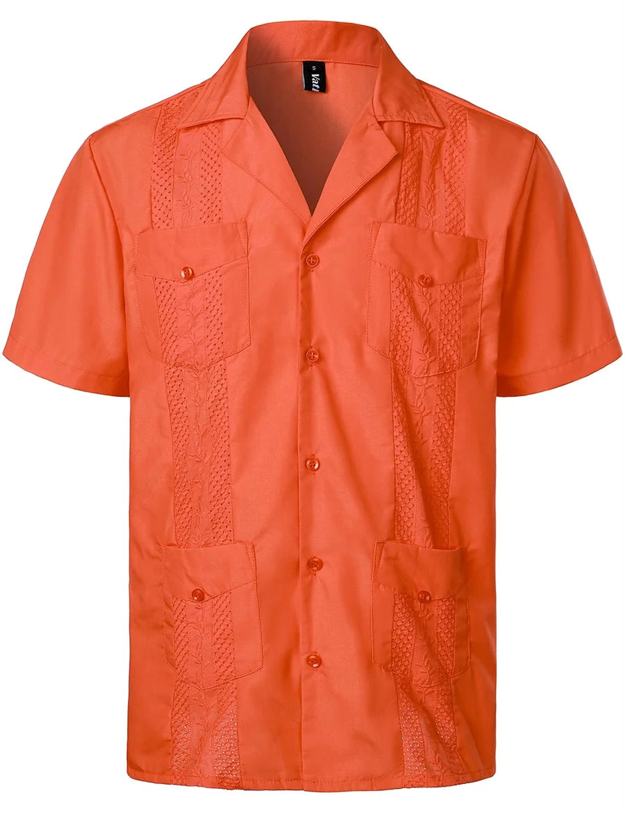Mideast Men's Guayabera Shirts Four Pockets Embroidered Short Sleeve Shirts Summer Men Mexican Cuban Button Shirt