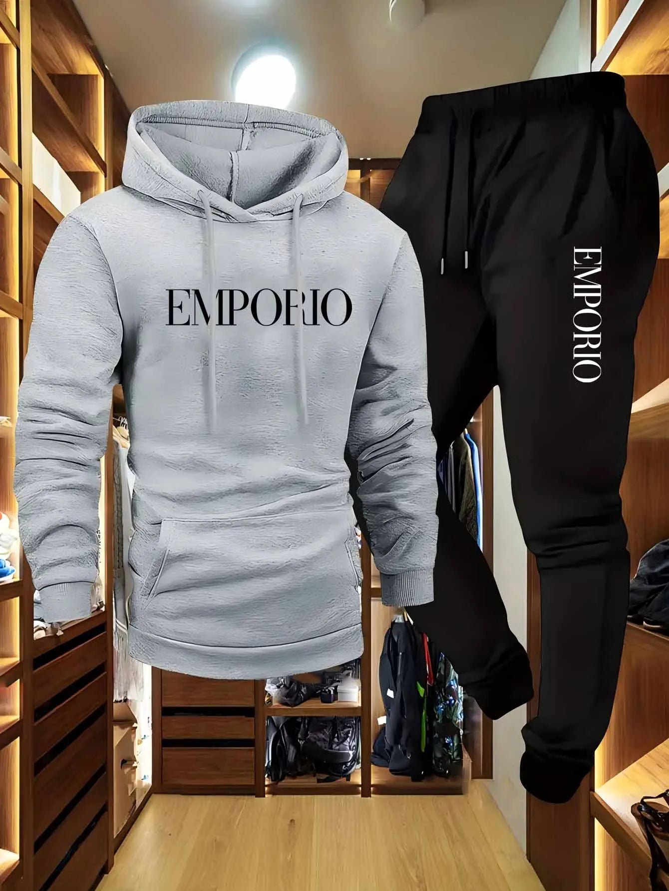 Men's Olive Green Casual Cargo Sweatshirt And Jogger Set with EMPORIO Print Drawstring Hood Pullover Top And Multi-Pocket